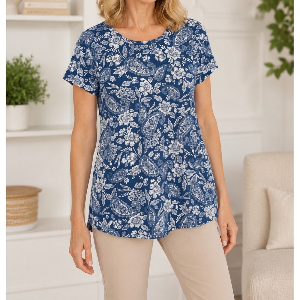 Denim & Co Blue White Floral Paisley Short Sleeve T-Shirt Top Womens Medium